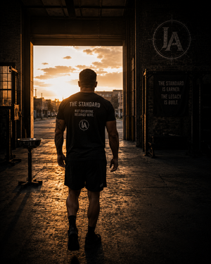 Rear view of an athlete wearing the Iron Architect The Standard Tee walking into an empty warehouse gym at sunrise.