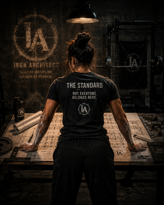 Female athlete wearing the Iron Architect The Standard Tee while standing over architectural blueprints in an industrial warehouse gym.