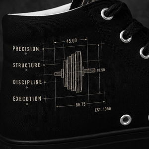 Close-up of the Iron Architect high-top shoe showcasing the Precision, Structure, Discipline, and Execution blueprint graphic artwork.