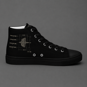 Iron Architect black high-top training shoe featuring Precision, Structure, Discipline, and Execution blueprint artwork with barbell schematic.