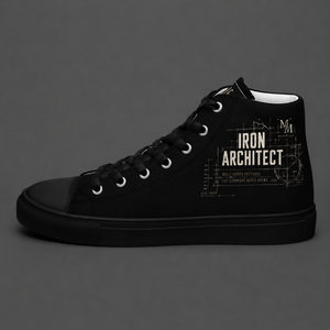 Iron Architect black high-top training shoe featuring blueprint-inspired side artwork, Built Under Pressure text, and architectural design details.