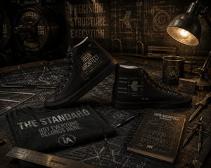 Iron Architect high-top shoes displayed among architectural plans, drafting tools, and industrial design elements inspired by the Iron Architect collection.