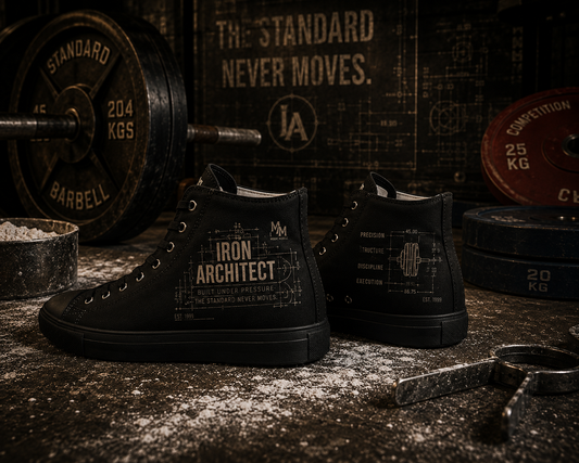 Iron Architect high-top shoes positioned beside barbells, plates, and chalk in an industrial strength training environment.