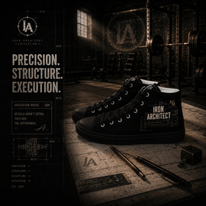 Iron Architect high-top shoes displayed on architectural blueprints inside an industrial warehouse gym with drafting tools and the Precision. Structure. Execution. design panel.