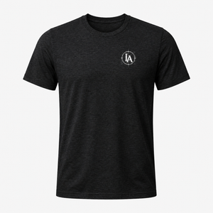 Black t-shirt with a logo on the chest against a white background