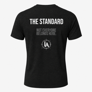 Black t-shirt with white text and logo on a white background