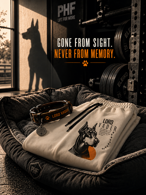 Folded Lord Vader wide-leg sweatpants displayed in a dog bed with Doberman collar in a memorial gym setting.