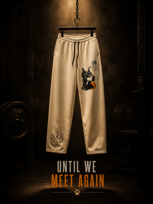 Lord Vader wide-leg sweatpants hanging under a spotlight in a dark gym tribute display.