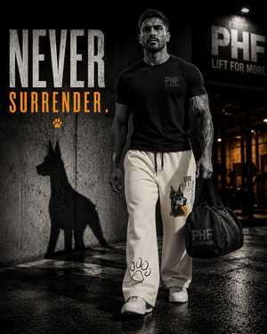 Athlete wearing Lord Vader wide-leg sweatpants carrying a gym bag outside a gym with Doberman shadow artwork.