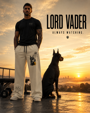 Male athlete wearing Lord Vader wide-leg sweatpants beside a Doberman at sunrise in a gym-inspired lifestyle scene.