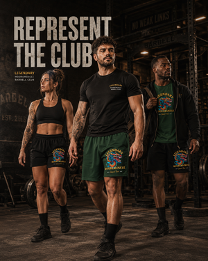 Diverse athletes wearing black and green MooreMuscle Legendary shorts while walking through a powerlifting gym.