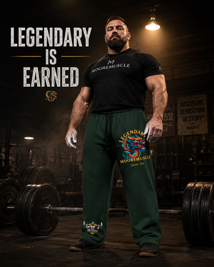 Male powerlifter wearing green MooreMuscle Legendary sweatpants in a dark warehouse gym with the text Legendary Is Earned.