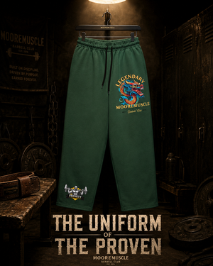 Green MooreMuscle Legendary sweatpants hanging from a black hanger in a dim strength gym with the text The Uniform of the Proven.