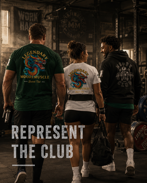 Diverse powerlifting team wearing MooreMuscle Legendary apparel while walking through a strength gym.