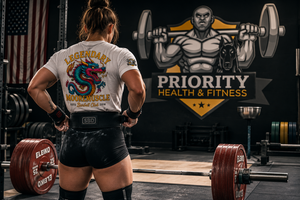 Female strength athlete wearing the white Legendary MMBC Tee on a powerlifting platform.