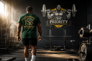 Male athlete wearing the green Legendary MooreMuscle Barbell Club T-shirt near a powerlifting rack.