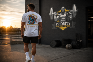 Male athlete wearing the white MooreMuscle Legendary Tee outside Priority Health & Fitness at sunset.