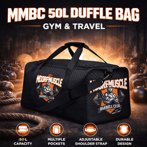 MooreMuscle Barbell Club 50L gym duffle bag with shoulder strap displayed in a strength gym environment