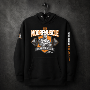 MooreMuscle Barbell Club Hoodie black premium hoodie front view with bold chest graphic and sleeve print