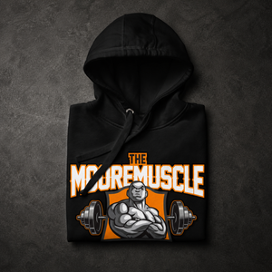 Folded MooreMuscle Barbell Club Hoodie showing front graphic detail and premium fabric texture