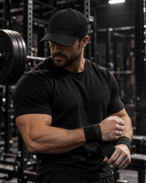 Lifter wearing the black MooreMuscle Uniform Cap while wrapping his wrists before training