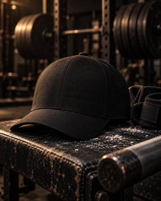 MooreMuscle Uniform Cap in black with tonal black MOOREMUSCLE embroidery, resting on a gym bench in a dark weight room