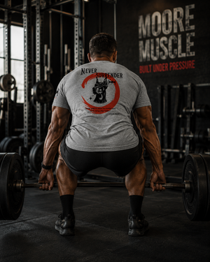 Athlete setting up for a deadlift in the Never Surrender athletic gray tee with the back graphic displayed.