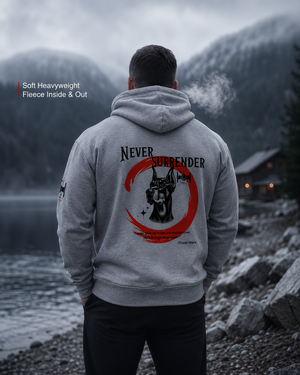 Never Surrender heavyweight fleece zip hoodie worn outdoors in cold weather.