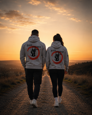 Male and female athletes wearing matching Never Surrender zip hoodies at sunset.