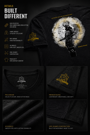 Warrior Collection tri-blend t-shirt fabric, fit, construction, and garment specification details