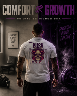 Athlete wearing the Push Your Limits Tee between contrasting comfort and growth training environments.