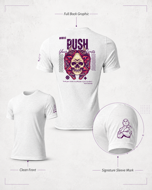 Front, back, and sleeve detail views of the white Push Your Limits Tri-Blend Tee.