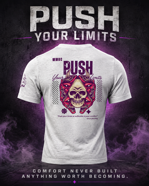 Push Your Limits Tri-Blend Tee back graphic on a dark concrete background with purple lighting and smoke.