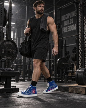 Male strength athlete walking through a powerlifting gym wearing blue MooreMuscle Push Your Limits high-top shoes.