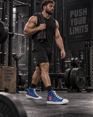 Male athlete walking through an industrial strength gym in MooreMuscle Push Your Limits blue high-top shoes.