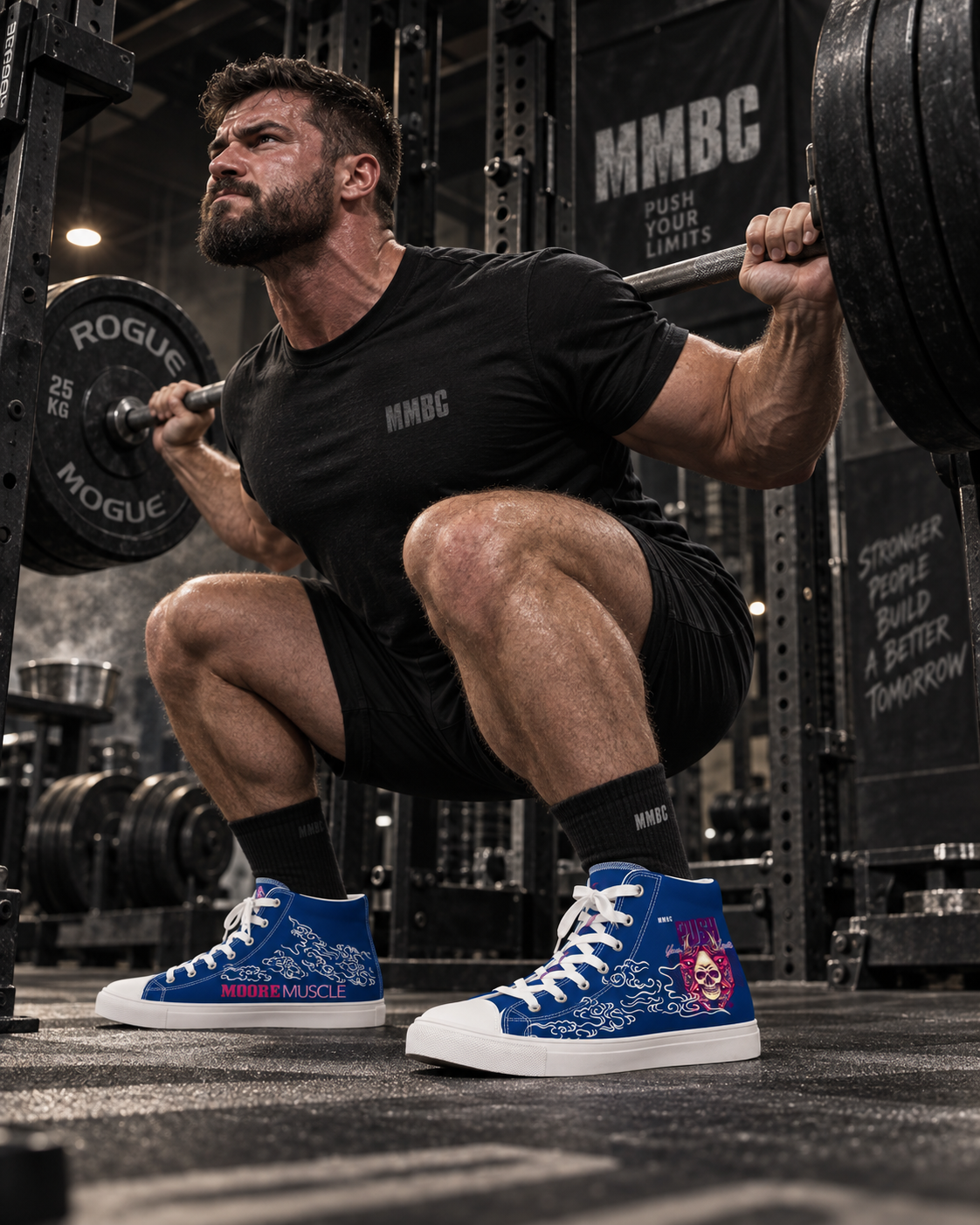 Male powerlifter squatting in blue MooreMuscle Push Your Limits high-top training shoes inside a powerlifting gym.