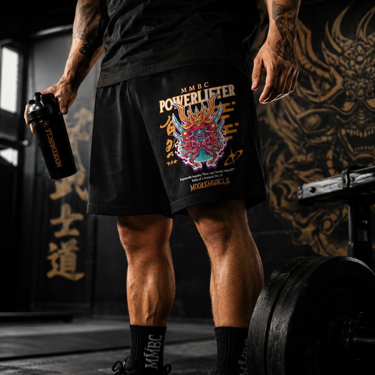MMBC Powerlifter athletic shorts worn during strength training session