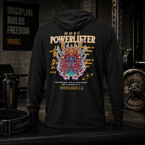 MooreMuscle MMBC Powerlifter lightweight t-shirt hoodie in black with samurai-inspired back graphic