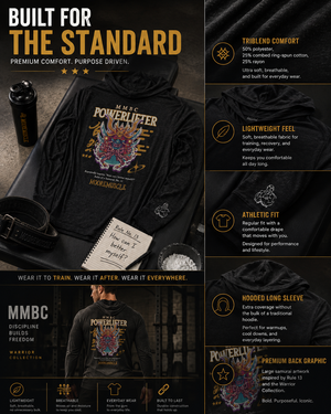 MMBC Powerlifter t-shirt hoodie features and construction details
