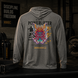 MooreMuscle MMBC Powerlifter t-shirt hoodie in heather gray with samurai-inspired back graphic