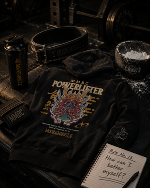 MooreMuscle MMBC Powerlifter lightweight hoodie with lifting belt, shaker bottle, and Rule No. 13 notebook