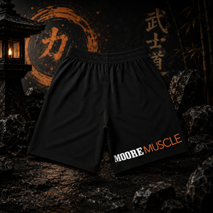 MMBC Powerlifter recycled unisex athletic shorts with MooreMuscle branding