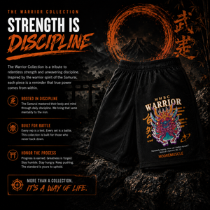 Black shorts with colorful graphic design on a dark background with text about the Warrior Collection.