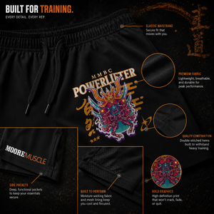 Black shorts with colorful graphic design and text detailing features on a dark background