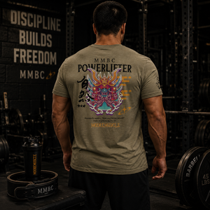 Olive Warrior Collection t-shirt back graphic displayed in a powerlifting gym