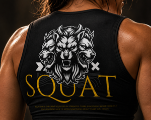 Close-up of MooreMuscle Squat crop top back graphic and premium print
