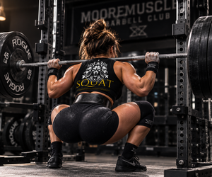 Female athlete performing heavy squat wearing MooreMuscle Squat crop top