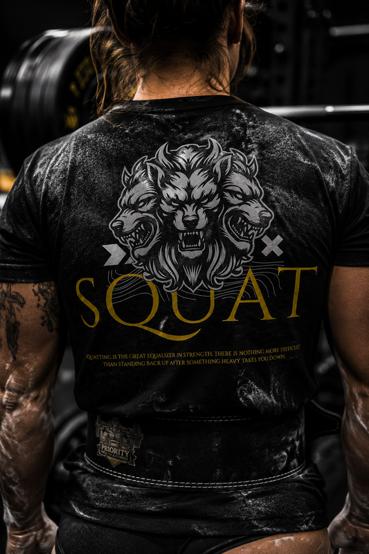 Close-up of black MooreMuscle Squat Tee three-headed wolf back graphic