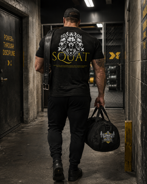 Powerlifter walking through an industrial gym hallway in black Squat Tee