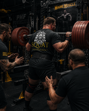 Male powerlifter performing a heavy squat in black MooreMuscle Squat Tee